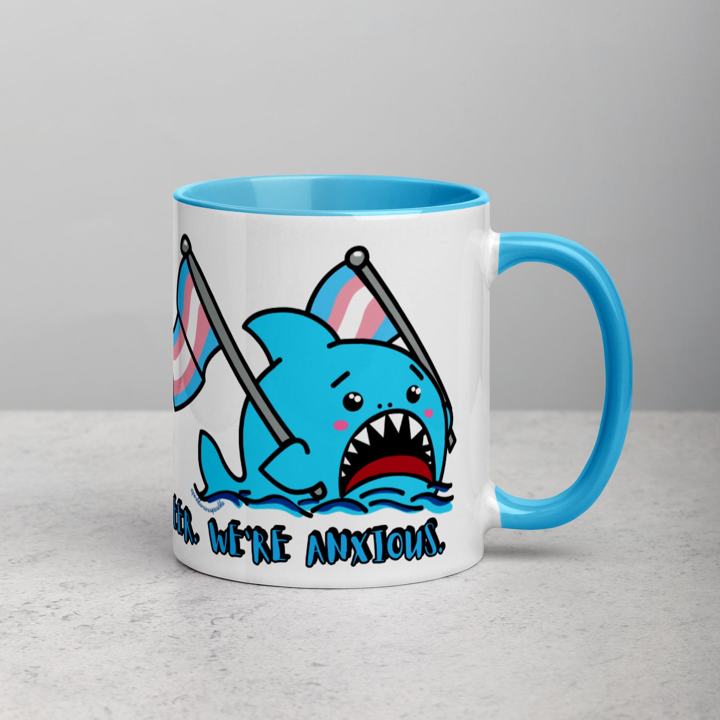 "We're Here..." Anxious Shark Mug with Transgender Pride Flag (11oz)