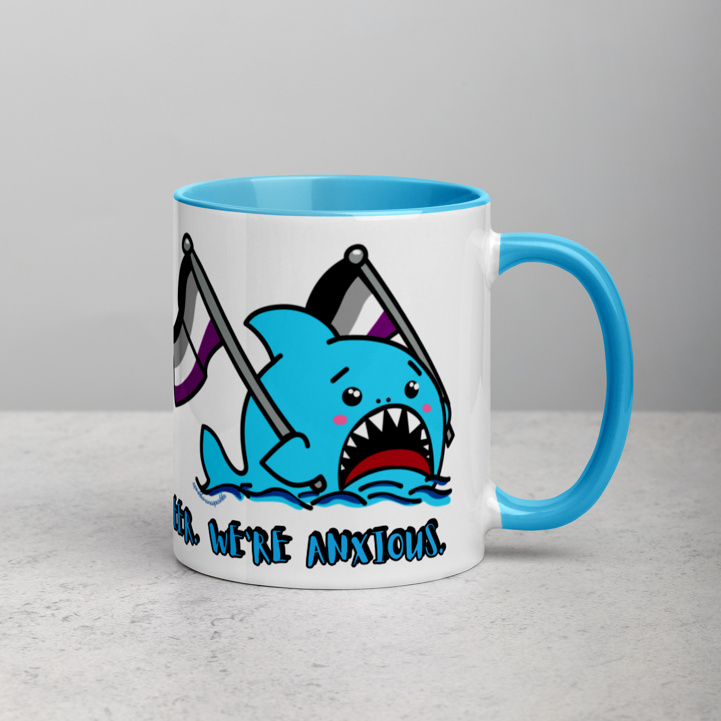 "We're Here..." Anxious Shark Mug with Asexual (Ace) Pride Flag (11oz)