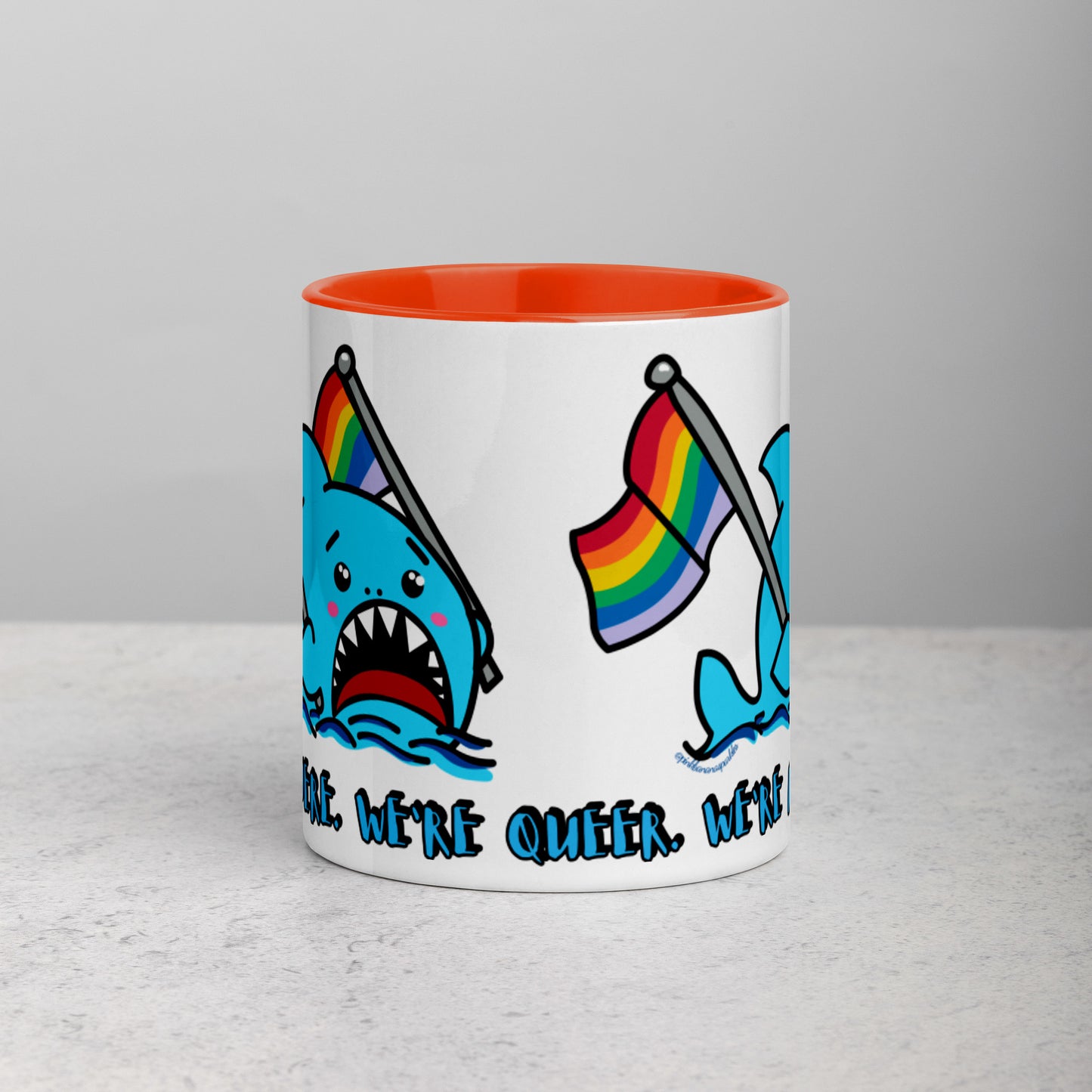 "We're Here.." -Anxious Shark, with Basic Rainbow Pride Flag Mug (11oz)