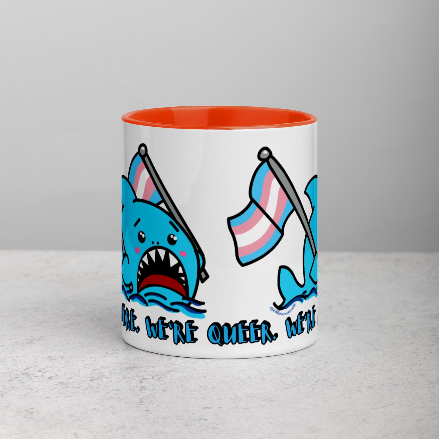 "We're Here..." Anxious Shark Mug with Transgender Pride Flag (11oz)