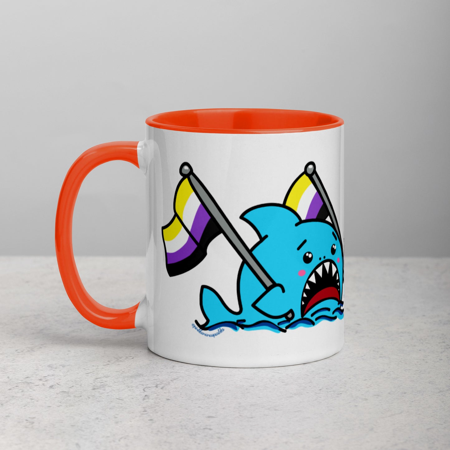Anxious Shark Mug with Non-Binary Pride Flag (11oz)