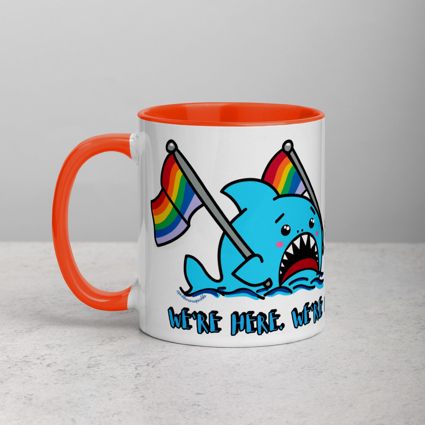 "We're Here.." -Anxious Shark, with Basic Rainbow Pride Flag Mug (11oz)