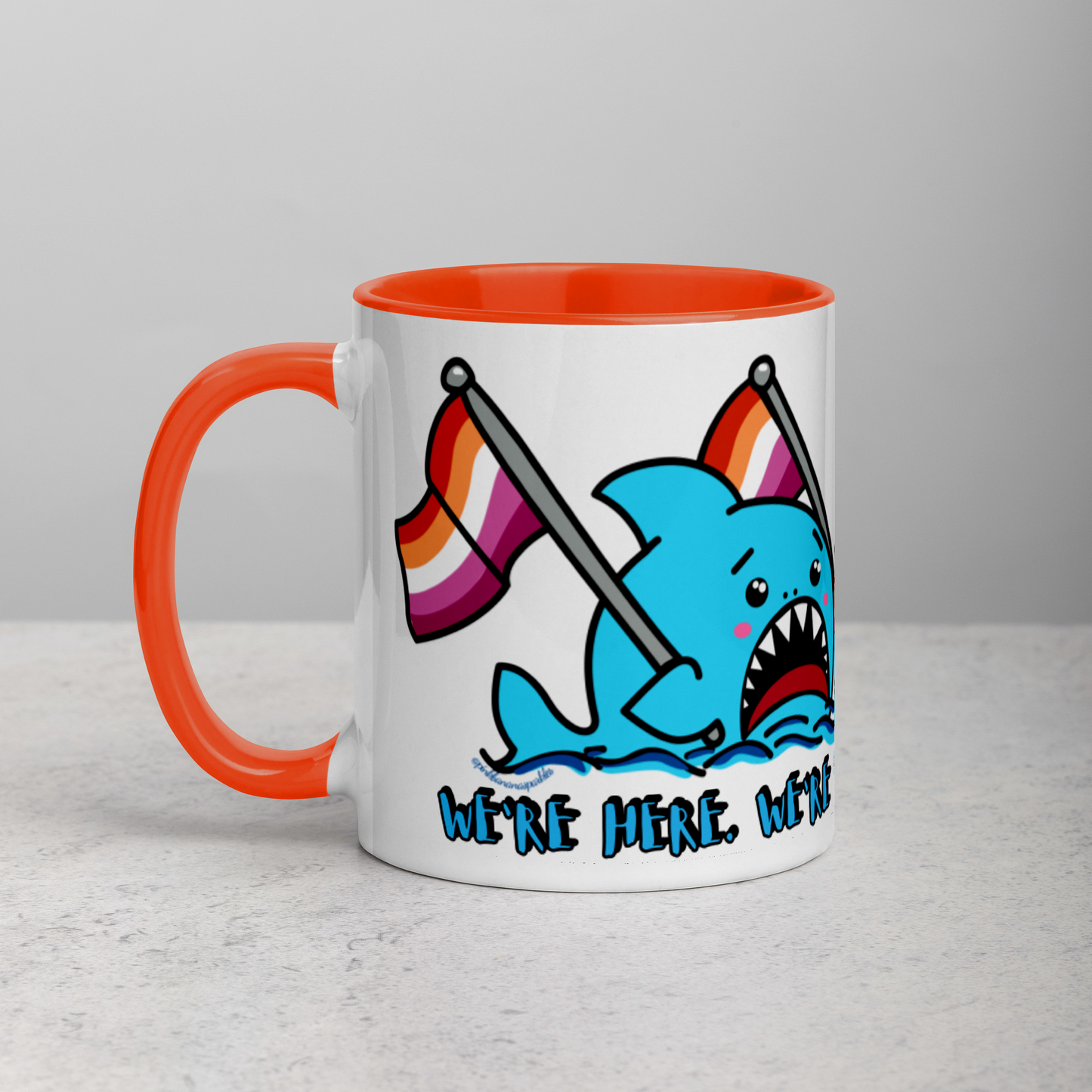 "We're Here..." Anxious Shark Mug with Lesbian Pride Flag (11oz)