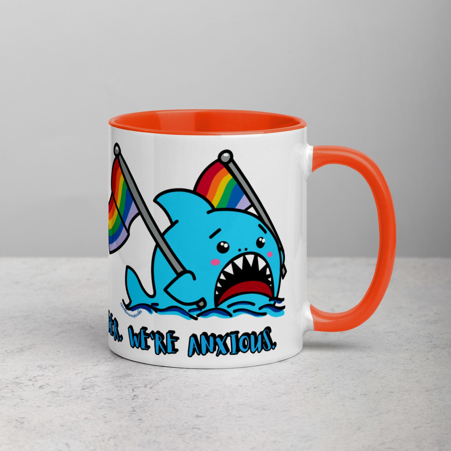 "We're Here.." -Anxious Shark, with Basic Rainbow Pride Flag Mug (11oz)