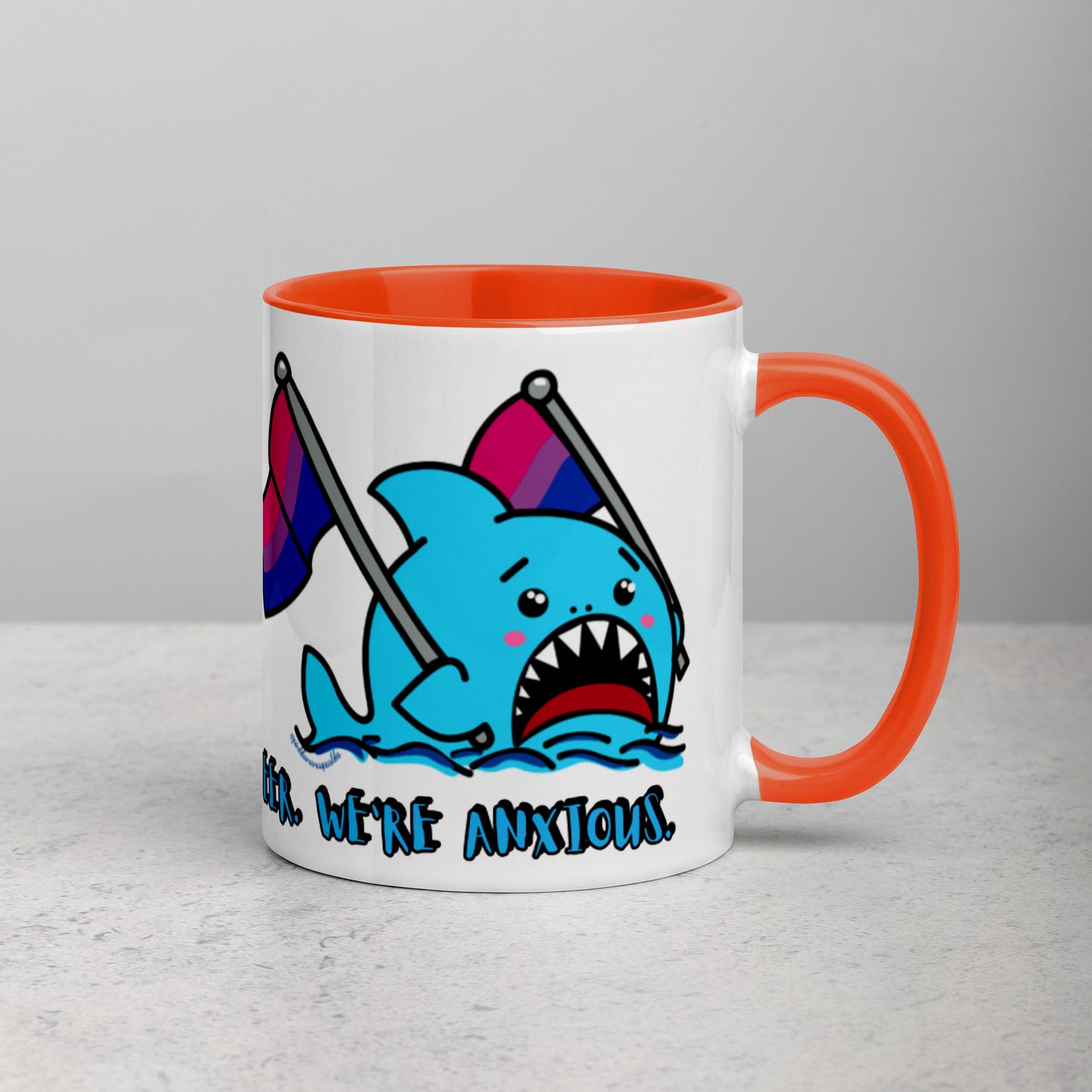 "We're Here..." Anxious Shark Mug with Bisexual Pride Flag (11oz)