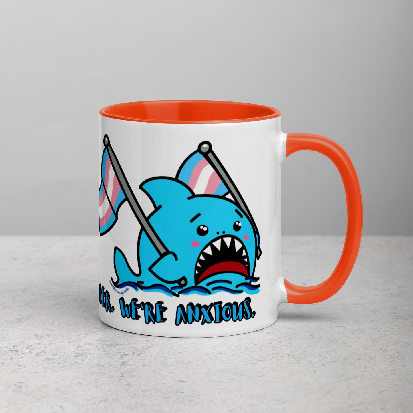 "We're Here..." Anxious Shark Mug with Transgender Pride Flag (11oz)