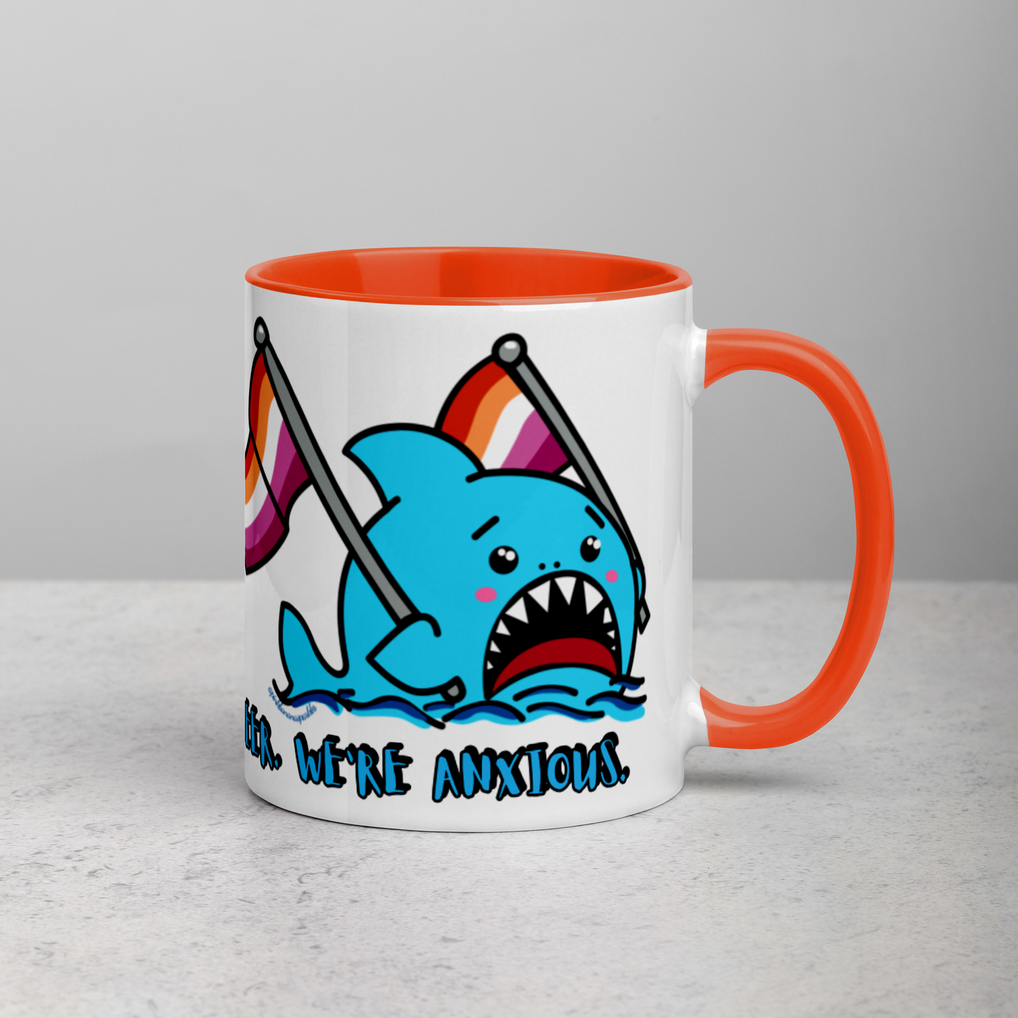 "We're Here..." Anxious Shark Mug with Lesbian Pride Flag (11oz)