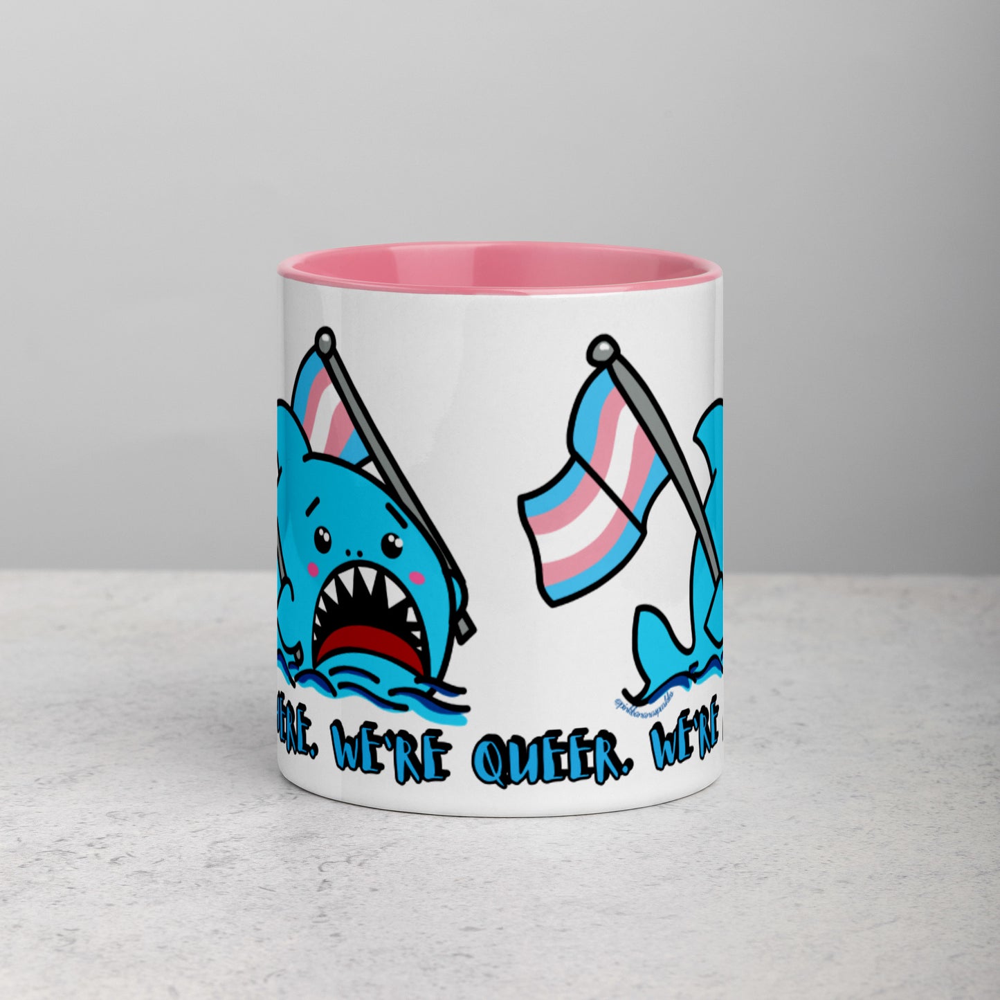 "We're Here..." Anxious Shark Mug with Transgender Pride Flag (11oz)