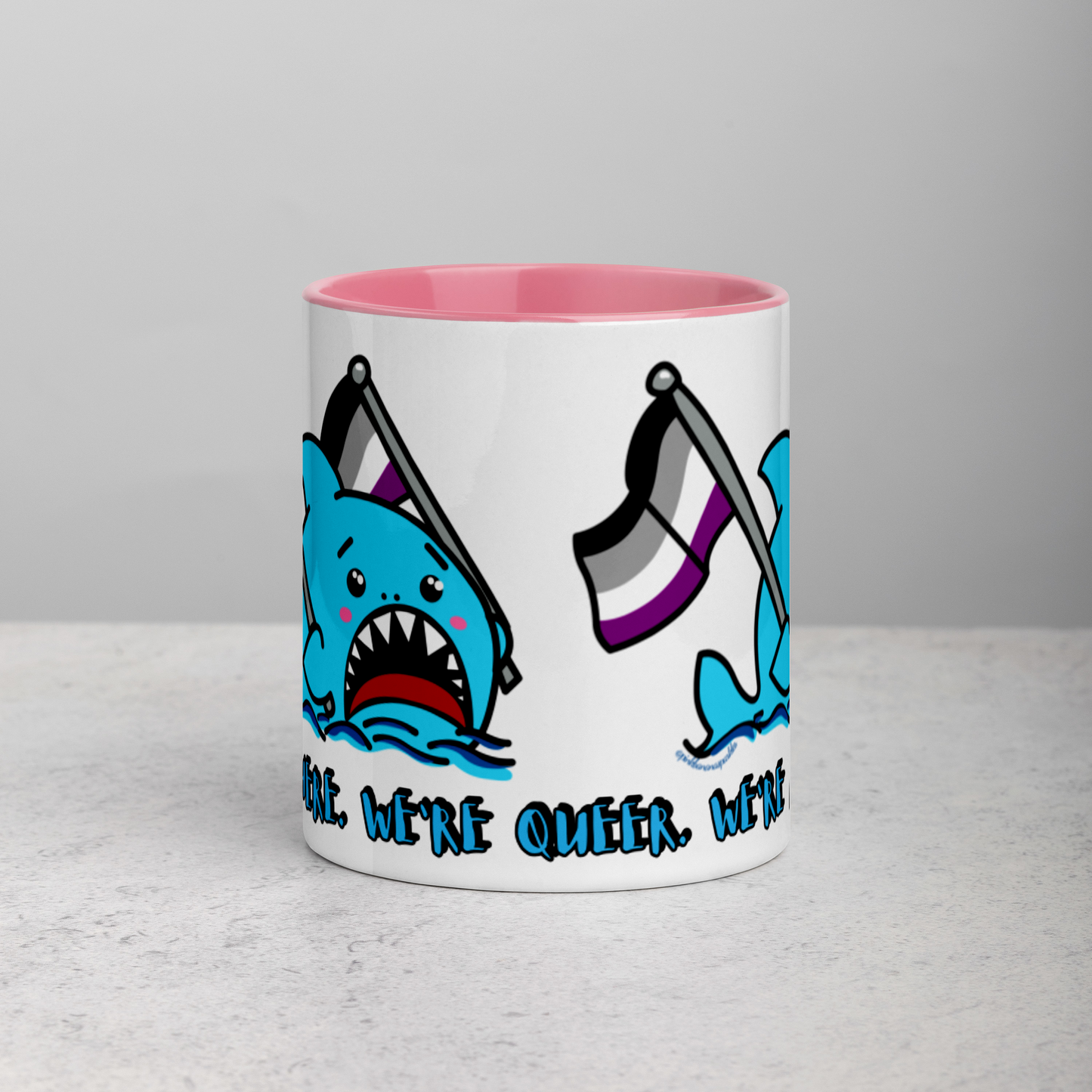 "We're Here..." Anxious Shark Mug with Asexual (Ace) Pride Flag (11oz)