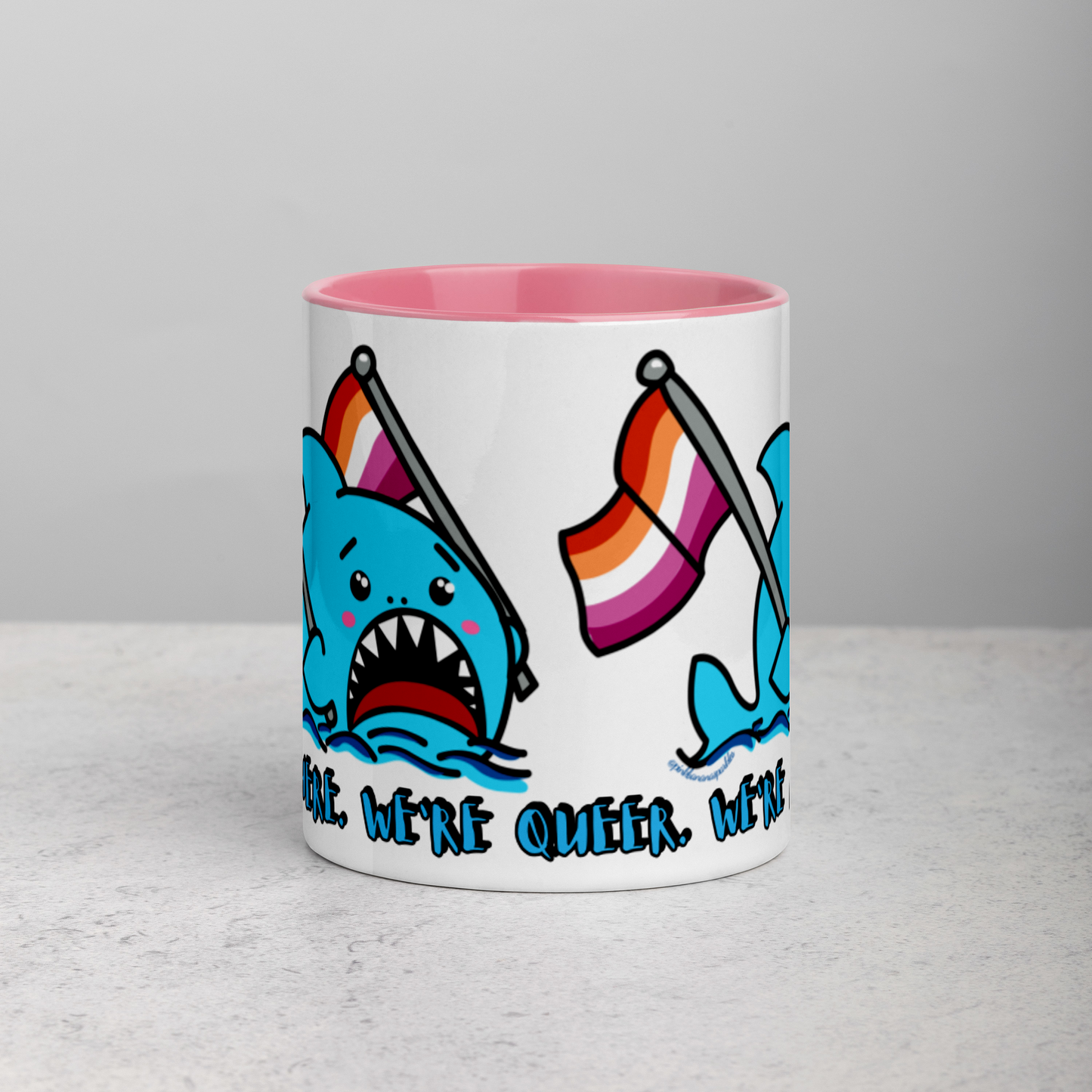 "We're Here..." Anxious Shark Mug with Lesbian Pride Flag (11oz)