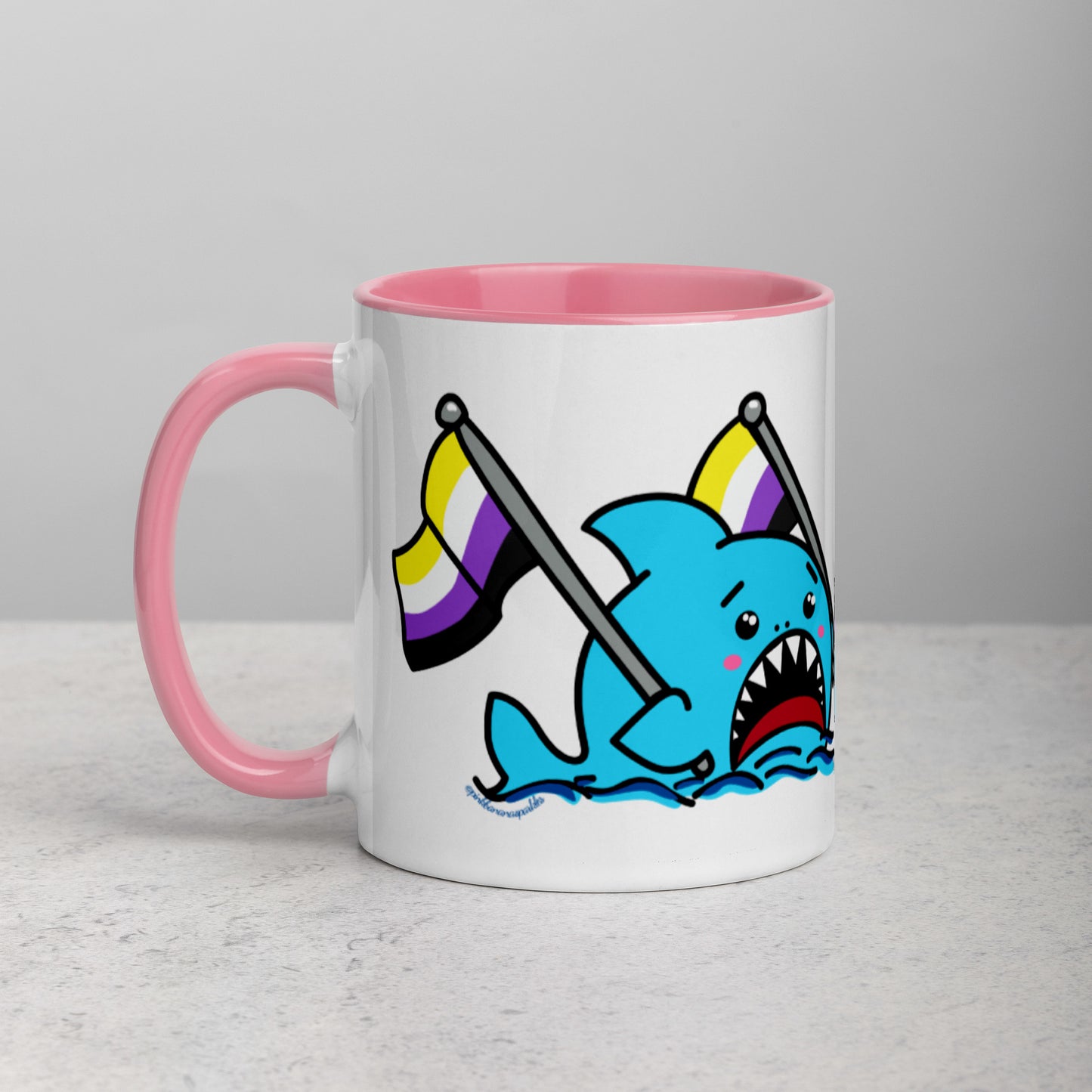Anxious Shark Mug with Non-Binary Pride Flag (11oz)