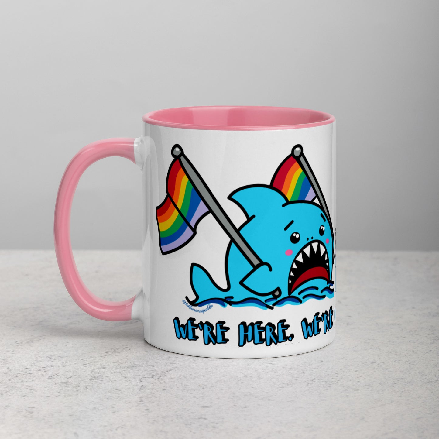 "We're Here.." -Anxious Shark, with Basic Rainbow Pride Flag Mug (11oz)