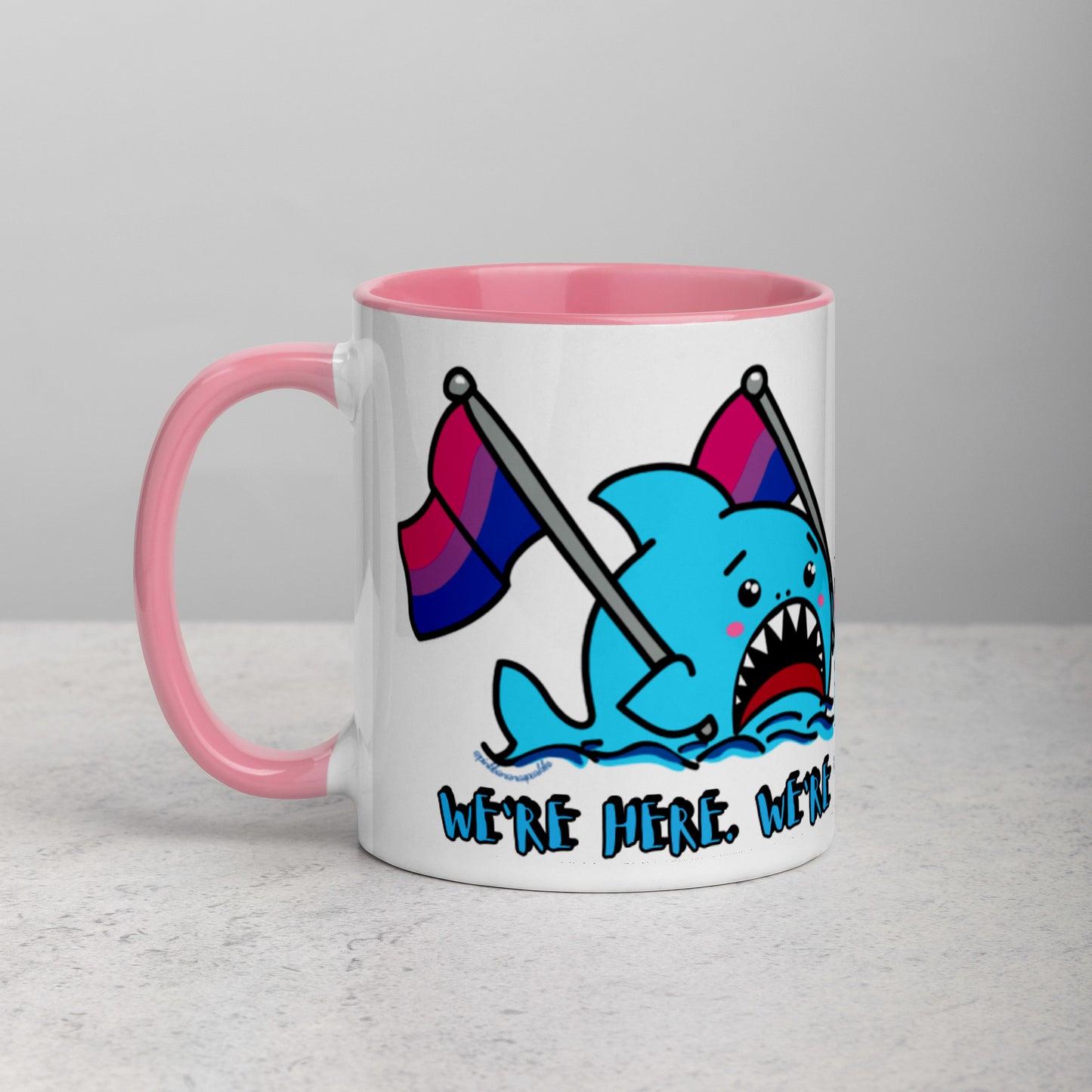 "We're Here..." Anxious Shark Mug with Bisexual Pride Flag (11oz)