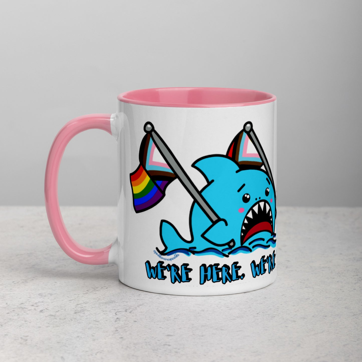 "We're Here..." Anxious Shark with Inclusive Rainbow Pride Flag Mug (11oz)