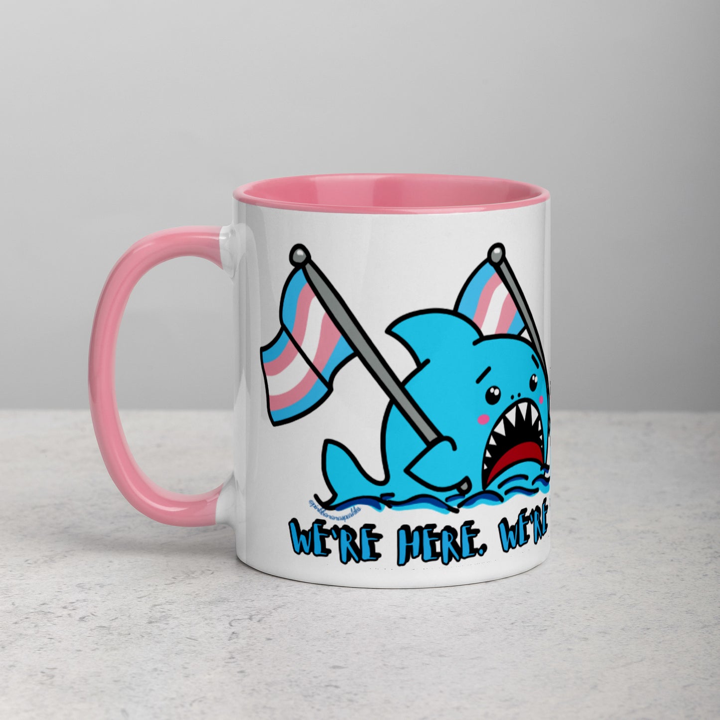 "We're Here..." Anxious Shark Mug with Transgender Pride Flag (11oz)