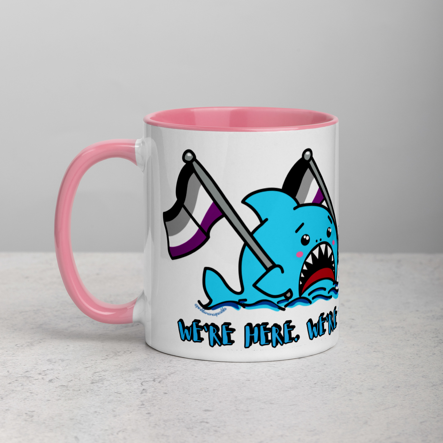 "We're Here..." Anxious Shark Mug with Asexual (Ace) Pride Flag (11oz)