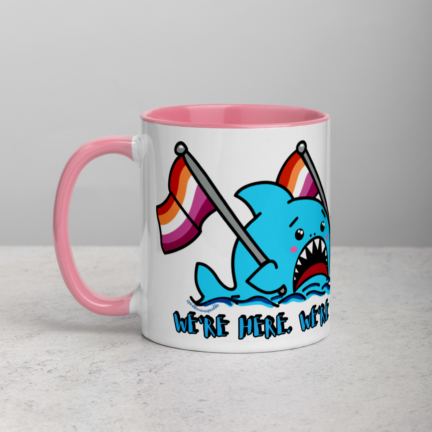 "We're Here..." Anxious Shark Mug with Lesbian Pride Flag (11oz)