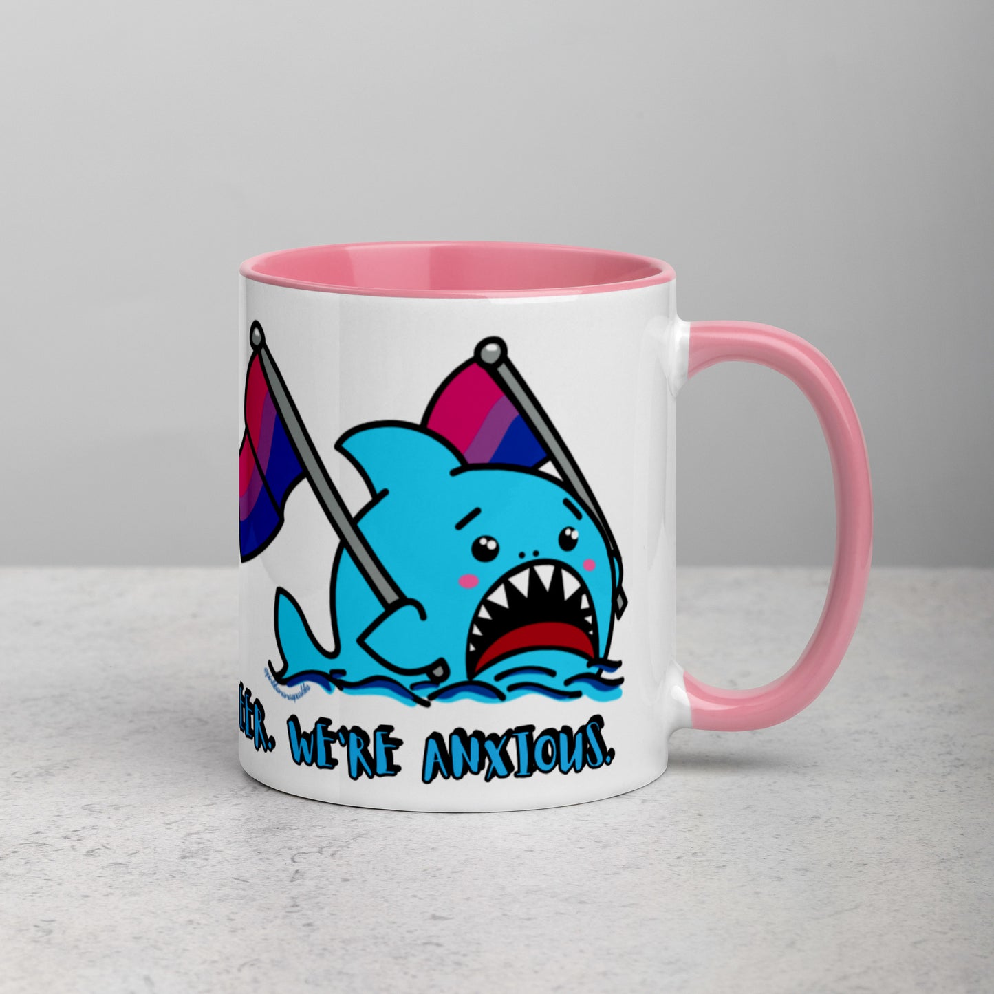 "We're Here..." Anxious Shark Mug with Bisexual Pride Flag (11oz)