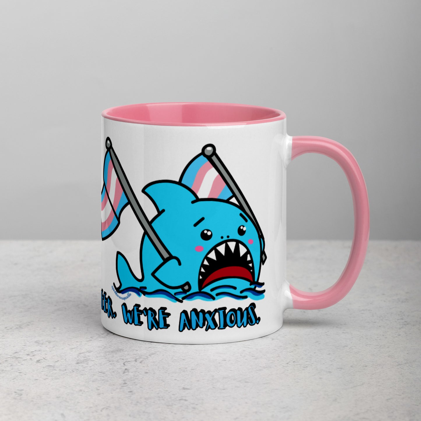 "We're Here..." Anxious Shark Mug with Transgender Pride Flag (11oz)