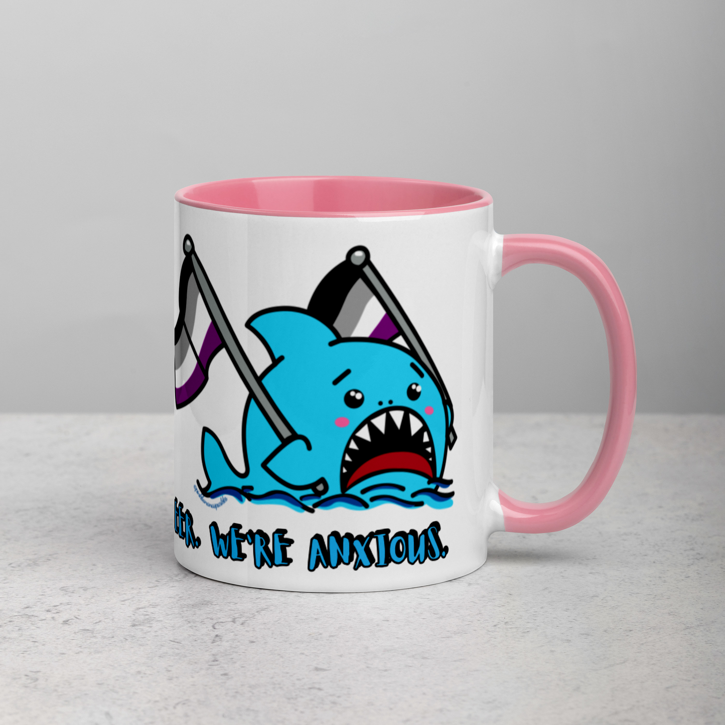 "We're Here..." Anxious Shark Mug with Asexual (Ace) Pride Flag (11oz)