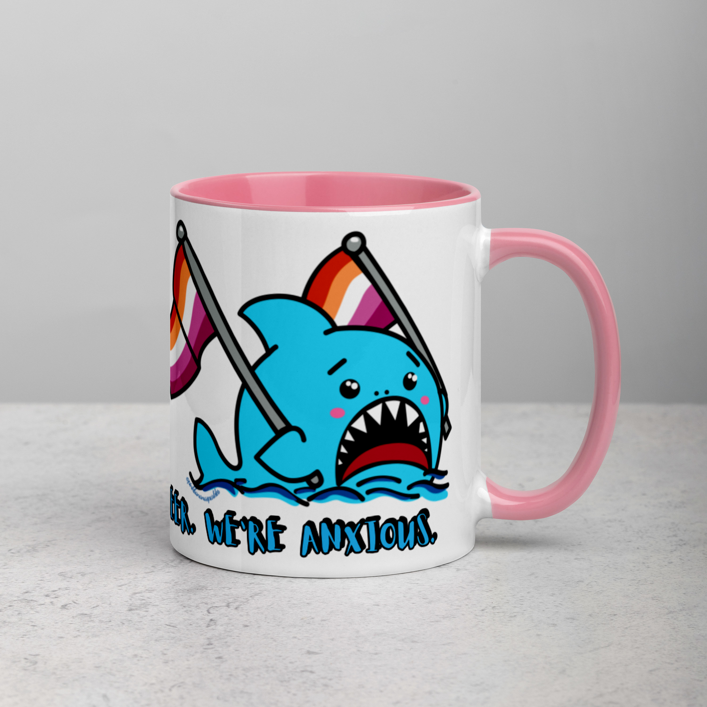 "We're Here..." Anxious Shark Mug with Lesbian Pride Flag (11oz)