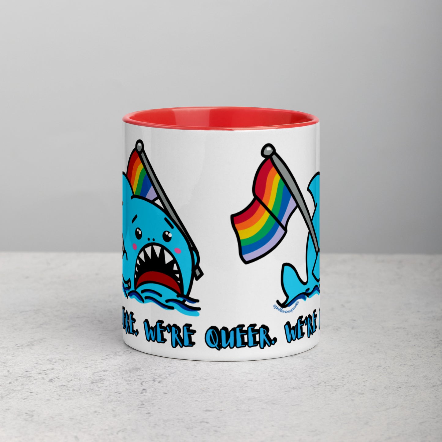 "We're Here.." -Anxious Shark, with Basic Rainbow Pride Flag Mug (11oz)