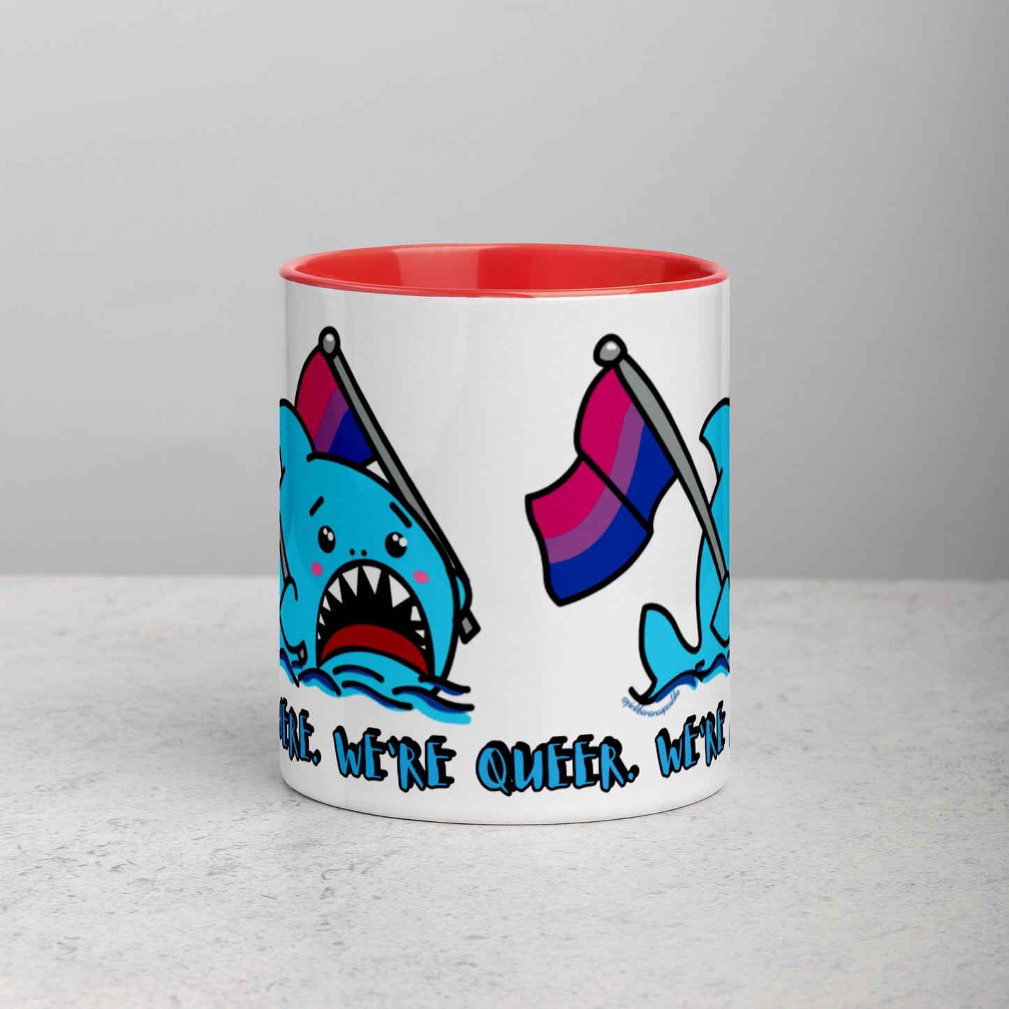 "We're Here..." Anxious Shark Mug with Bisexual Pride Flag (11oz)