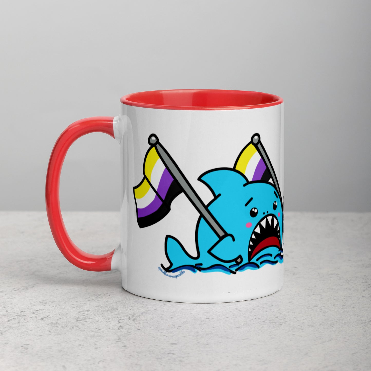 Anxious Shark Mug with Non-Binary Pride Flag (11oz)