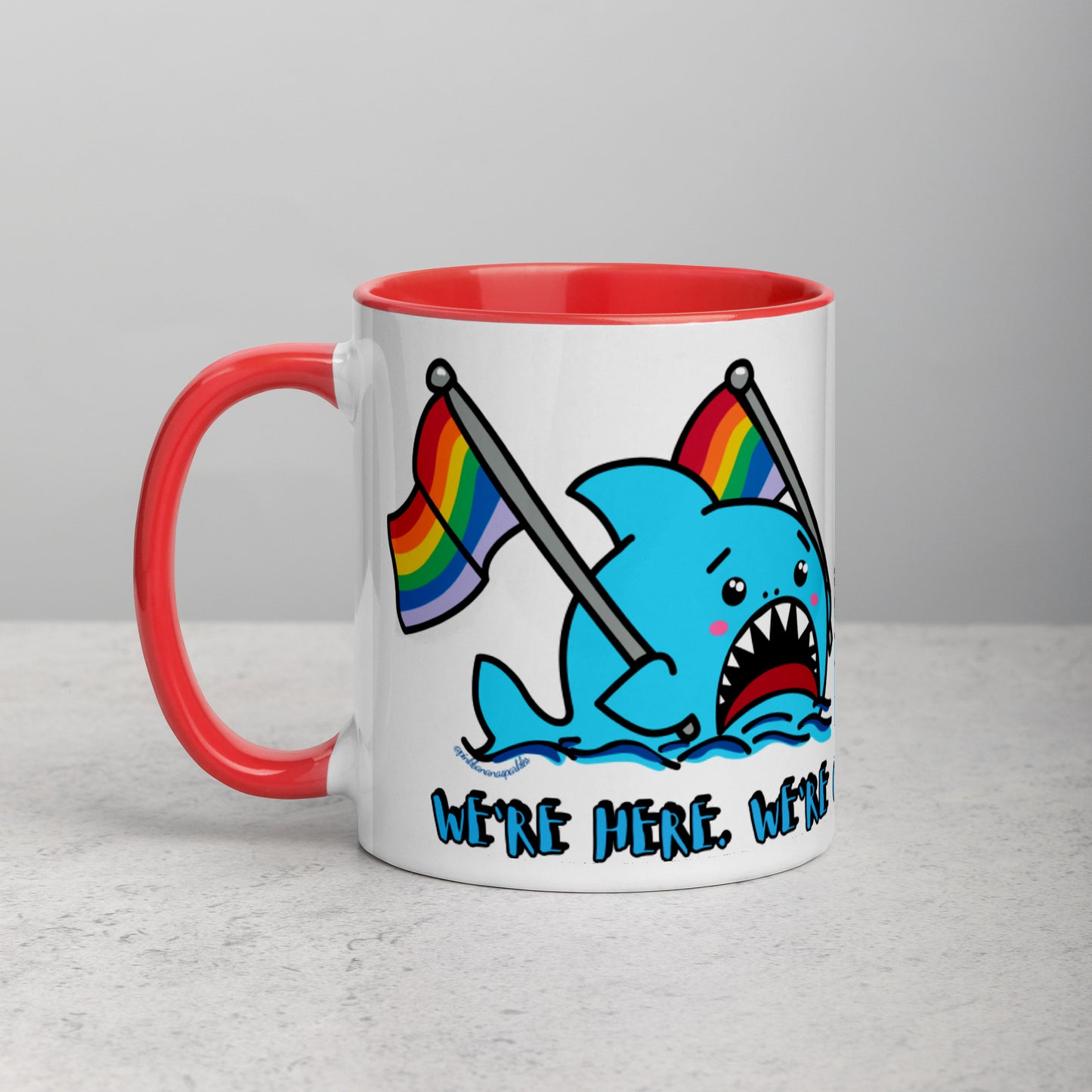 "We're Here.." -Anxious Shark, with Basic Rainbow Pride Flag Mug (11oz)