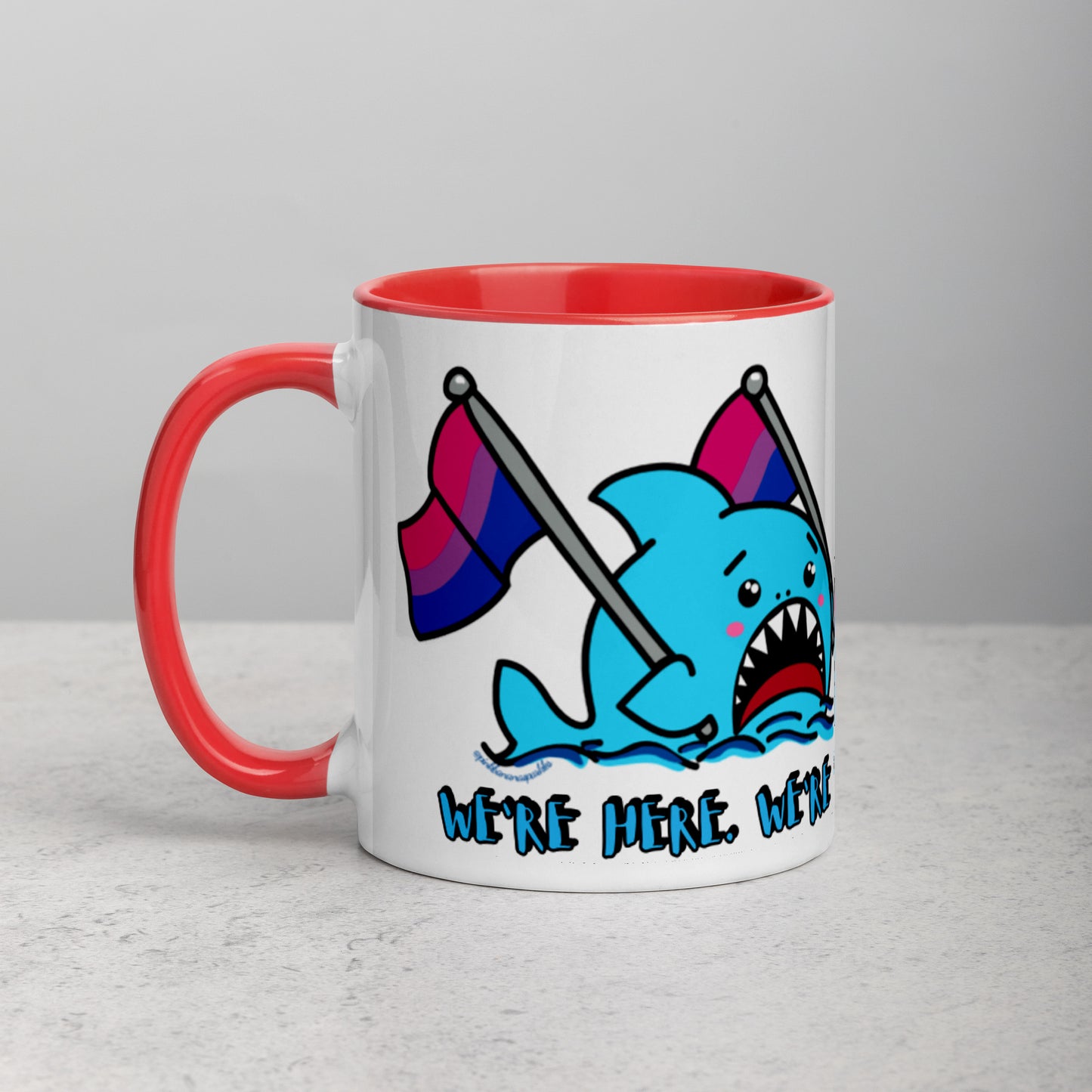 "We're Here..." Anxious Shark Mug with Bisexual Pride Flag (11oz)