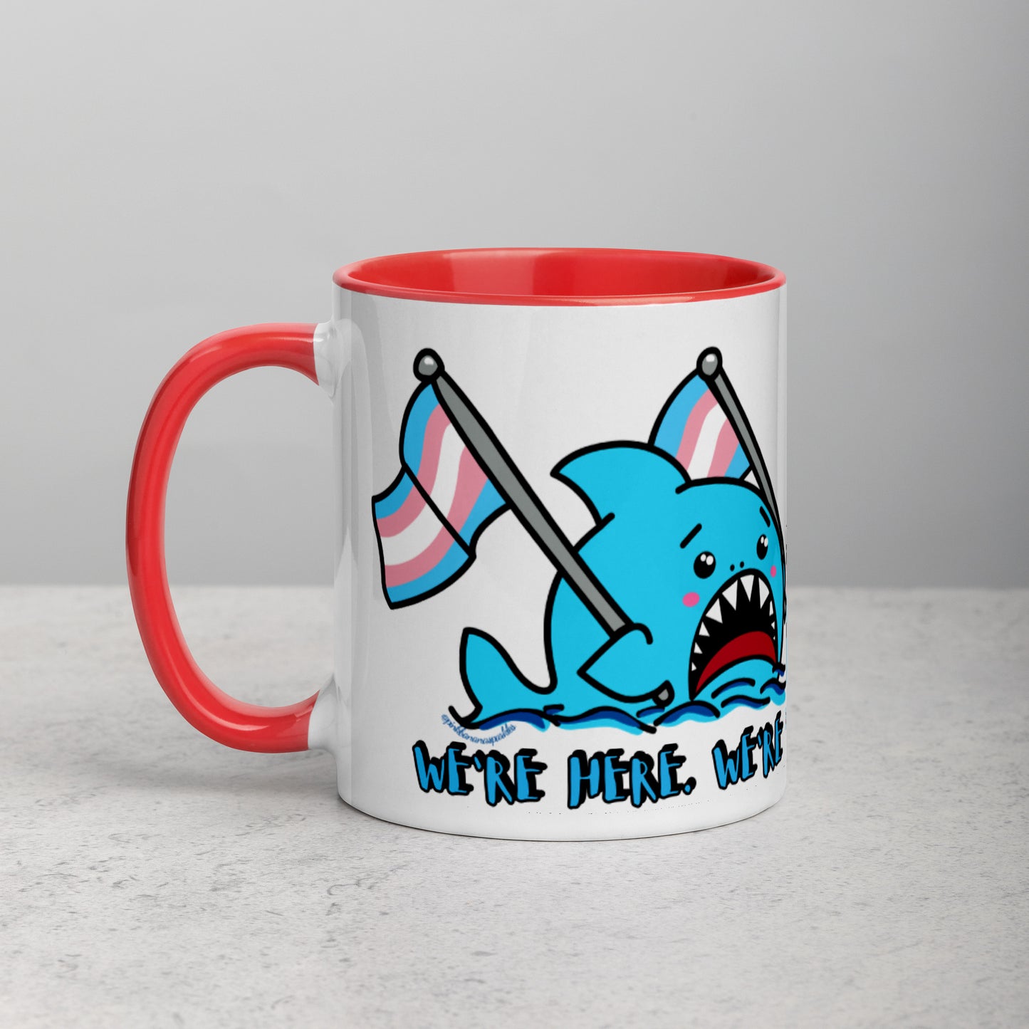 "We're Here..." Anxious Shark Mug with Transgender Pride Flag (11oz)