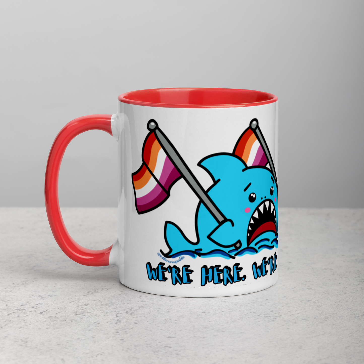 "We're Here..." Anxious Shark Mug with Lesbian Pride Flag (11oz)