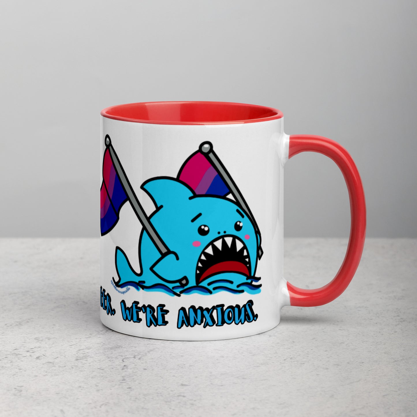 "We're Here..." Anxious Shark Mug with Bisexual Pride Flag (11oz)