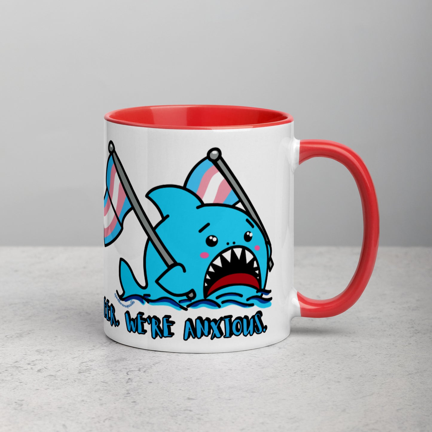 "We're Here..." Anxious Shark Mug with Transgender Pride Flag (11oz)