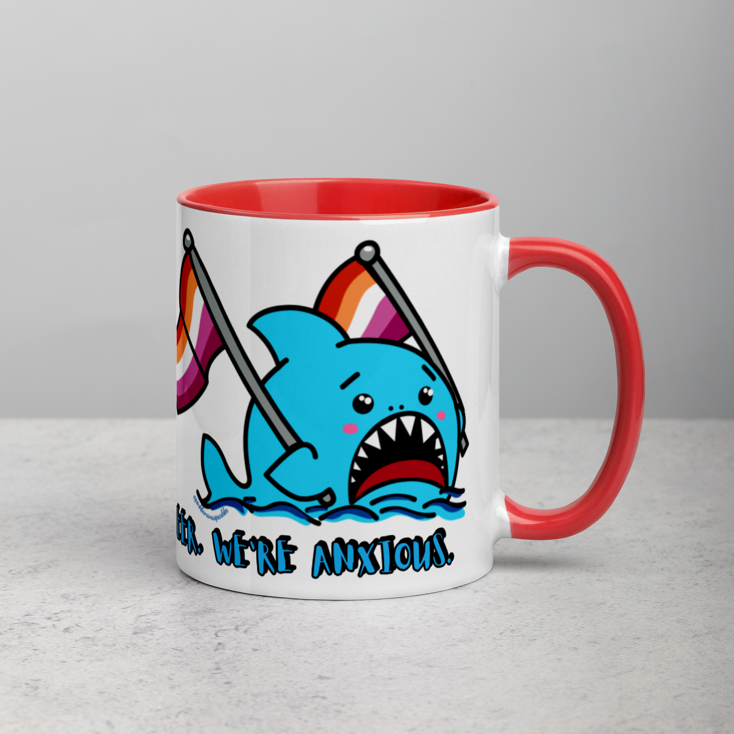 "We're Here..." Anxious Shark Mug with Lesbian Pride Flag (11oz)