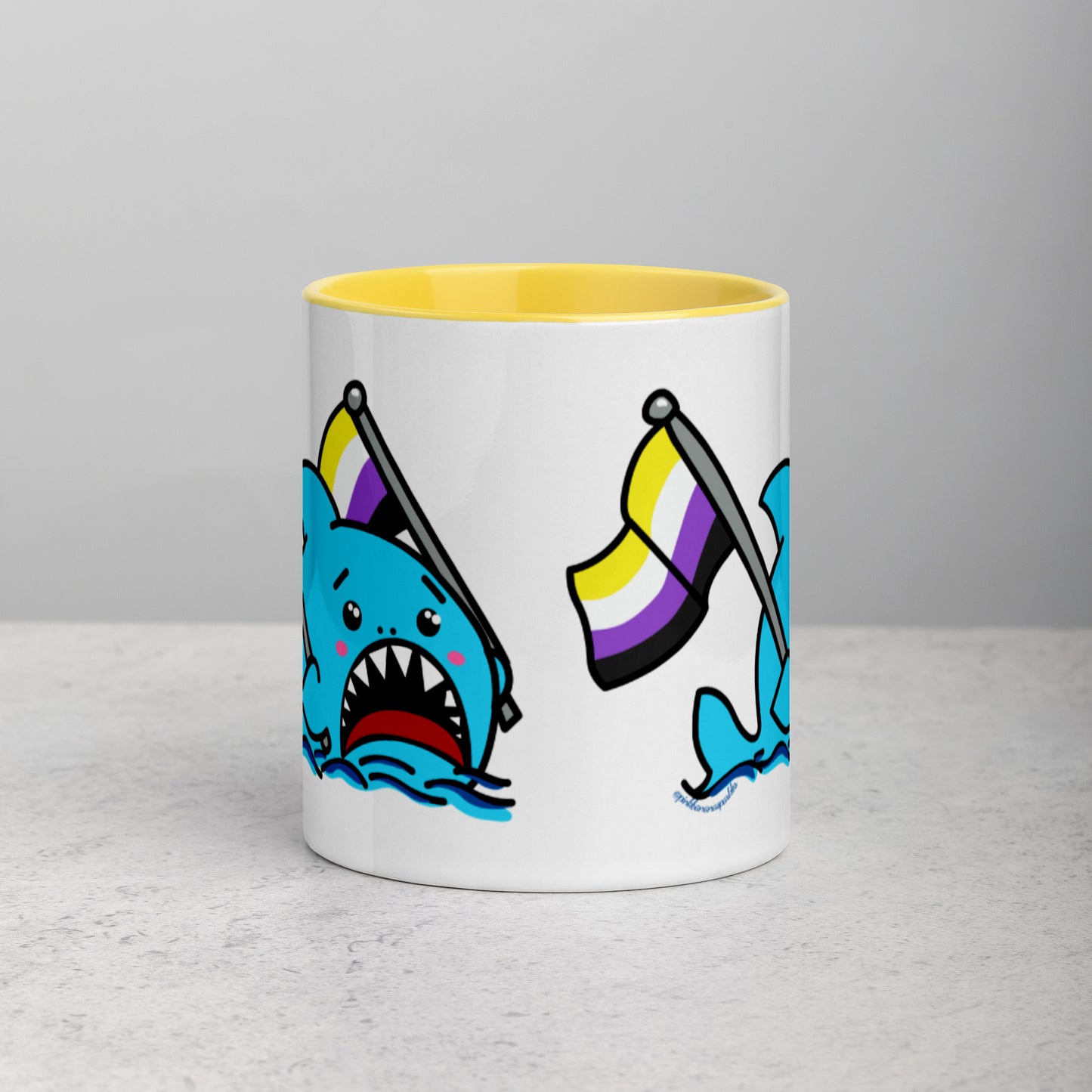 Anxious Shark Mug with Non-Binary Pride Flag (11oz)