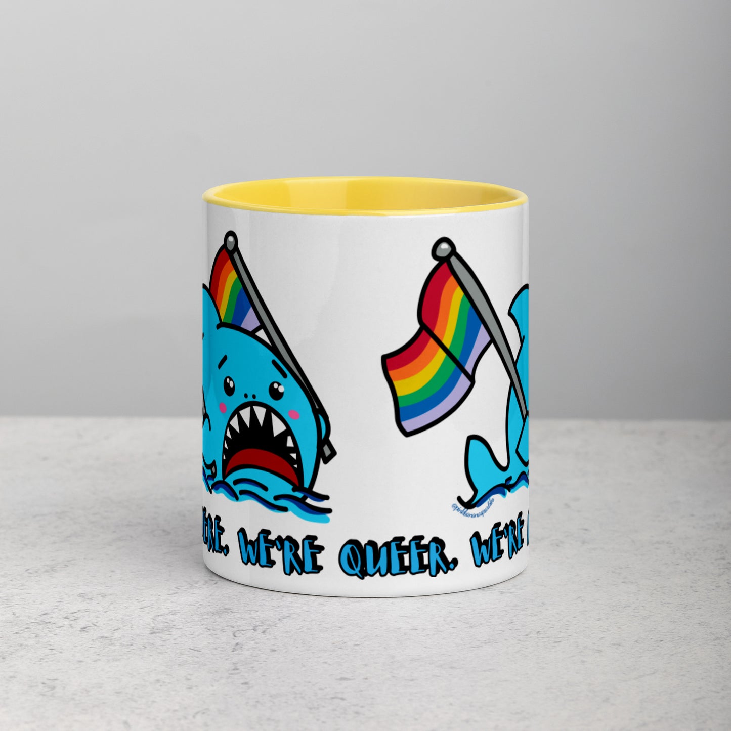 "We're Here.." -Anxious Shark, with Basic Rainbow Pride Flag Mug (11oz)