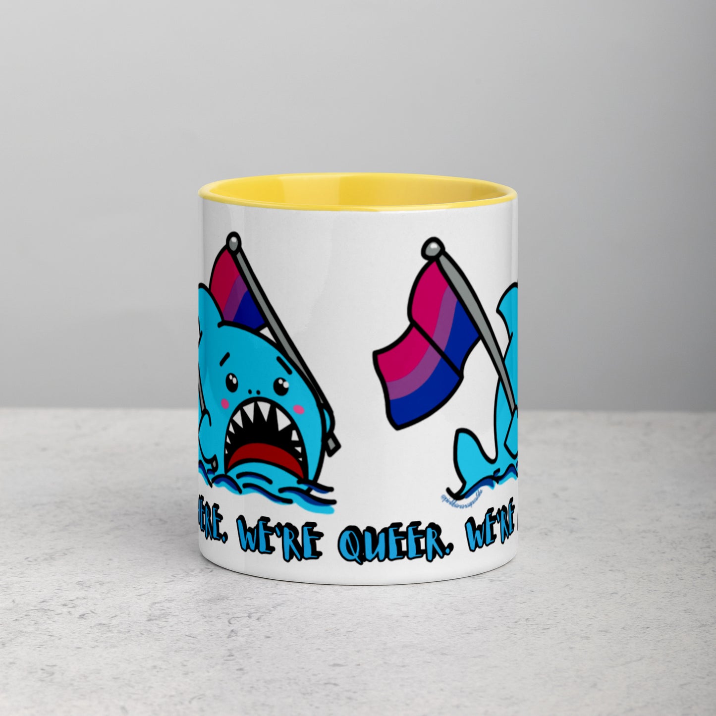 "We're Here..." Anxious Shark Mug with Bisexual Pride Flag (11oz)