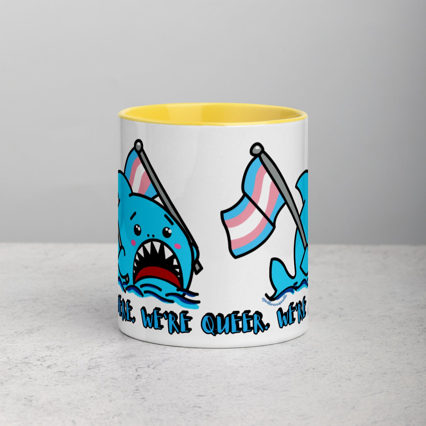 "We're Here..." Anxious Shark Mug with Transgender Pride Flag (11oz)