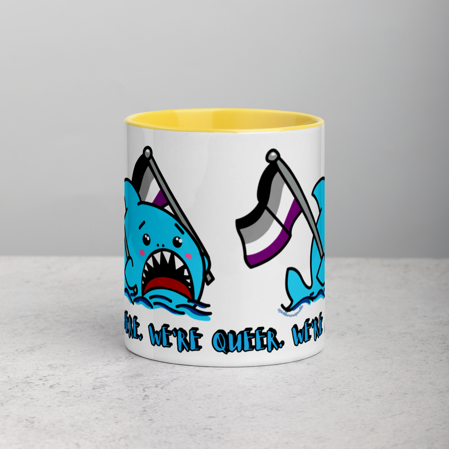"We're Here..." Anxious Shark Mug with Asexual (Ace) Pride Flag (11oz)