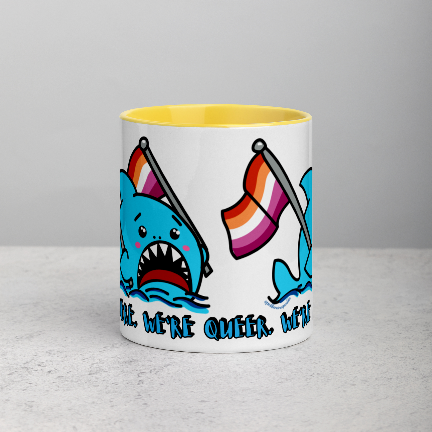 "We're Here..." Anxious Shark Mug with Lesbian Pride Flag (11oz)