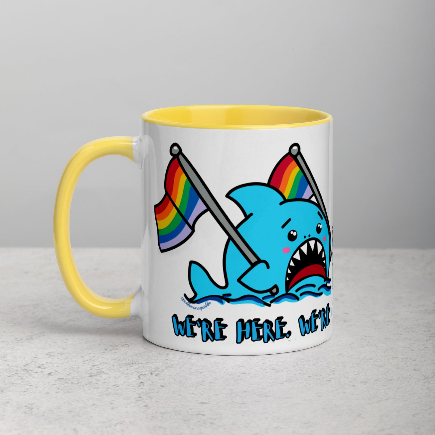 "We're Here.." -Anxious Shark, with Basic Rainbow Pride Flag Mug (11oz)