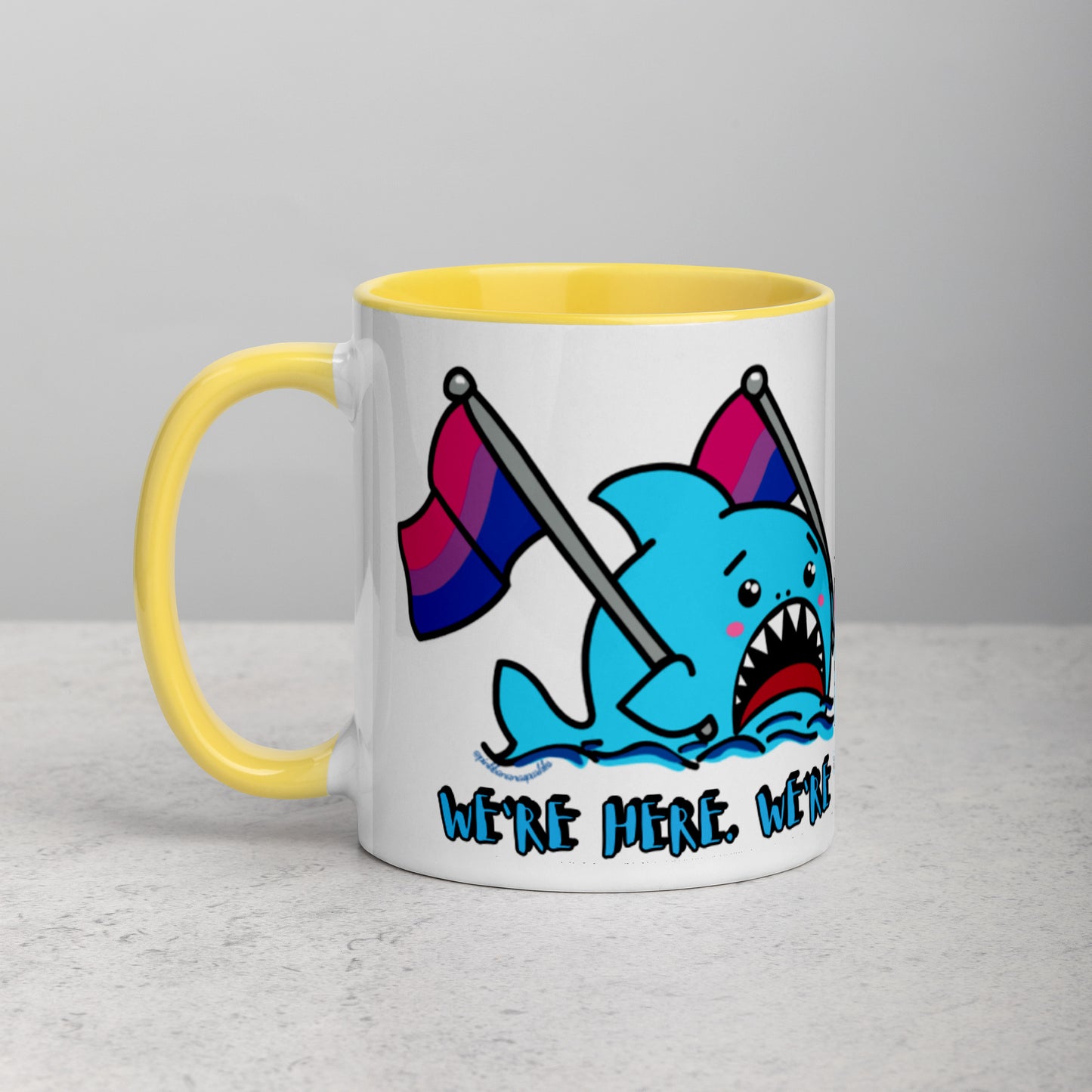 "We're Here..." Anxious Shark Mug with Bisexual Pride Flag (11oz)
