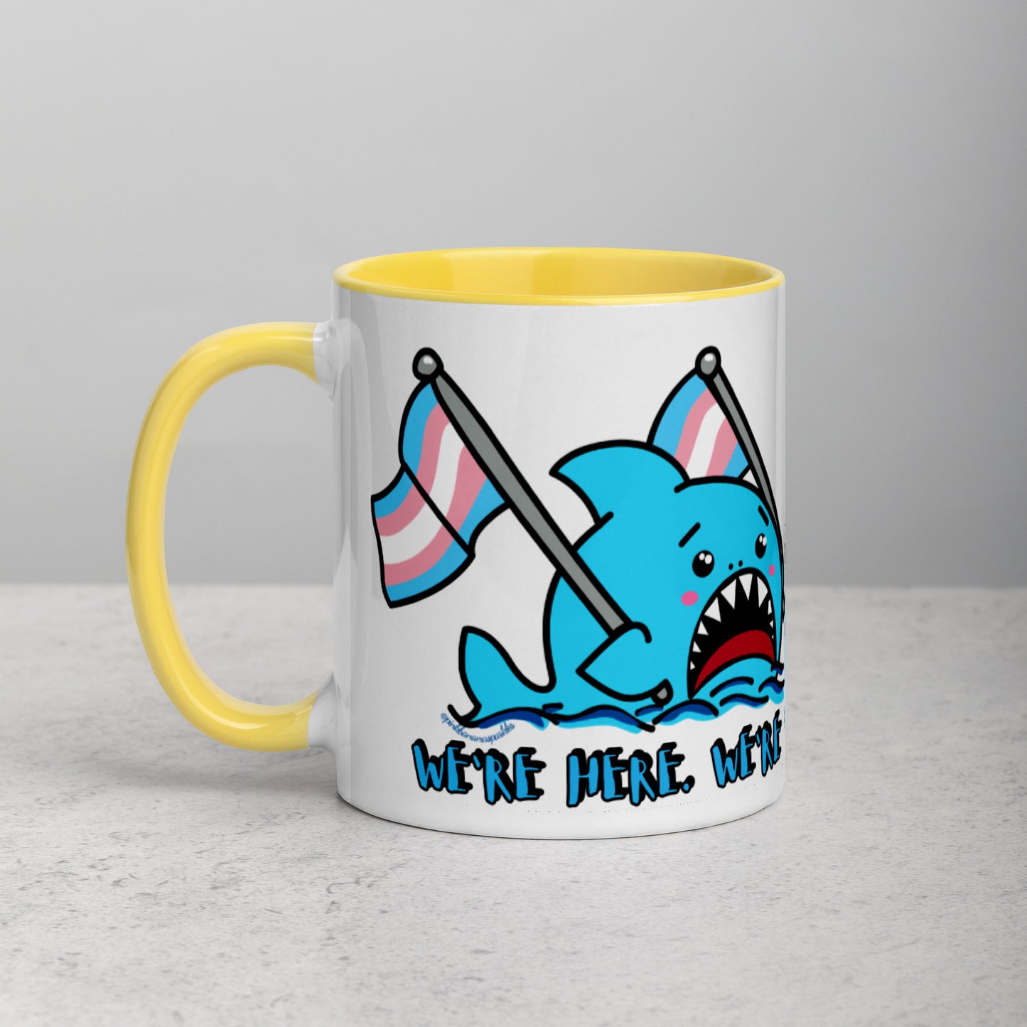 "We're Here..." Anxious Shark Mug with Transgender Pride Flag (11oz)