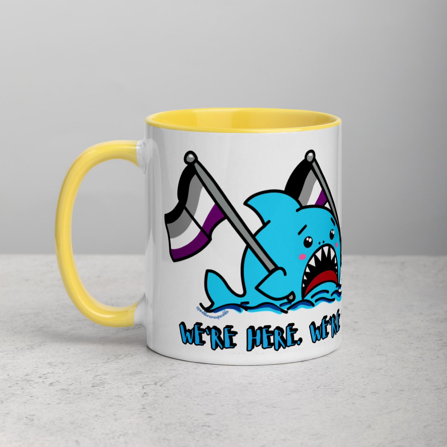 "We're Here..." Anxious Shark Mug with Asexual (Ace) Pride Flag (11oz)