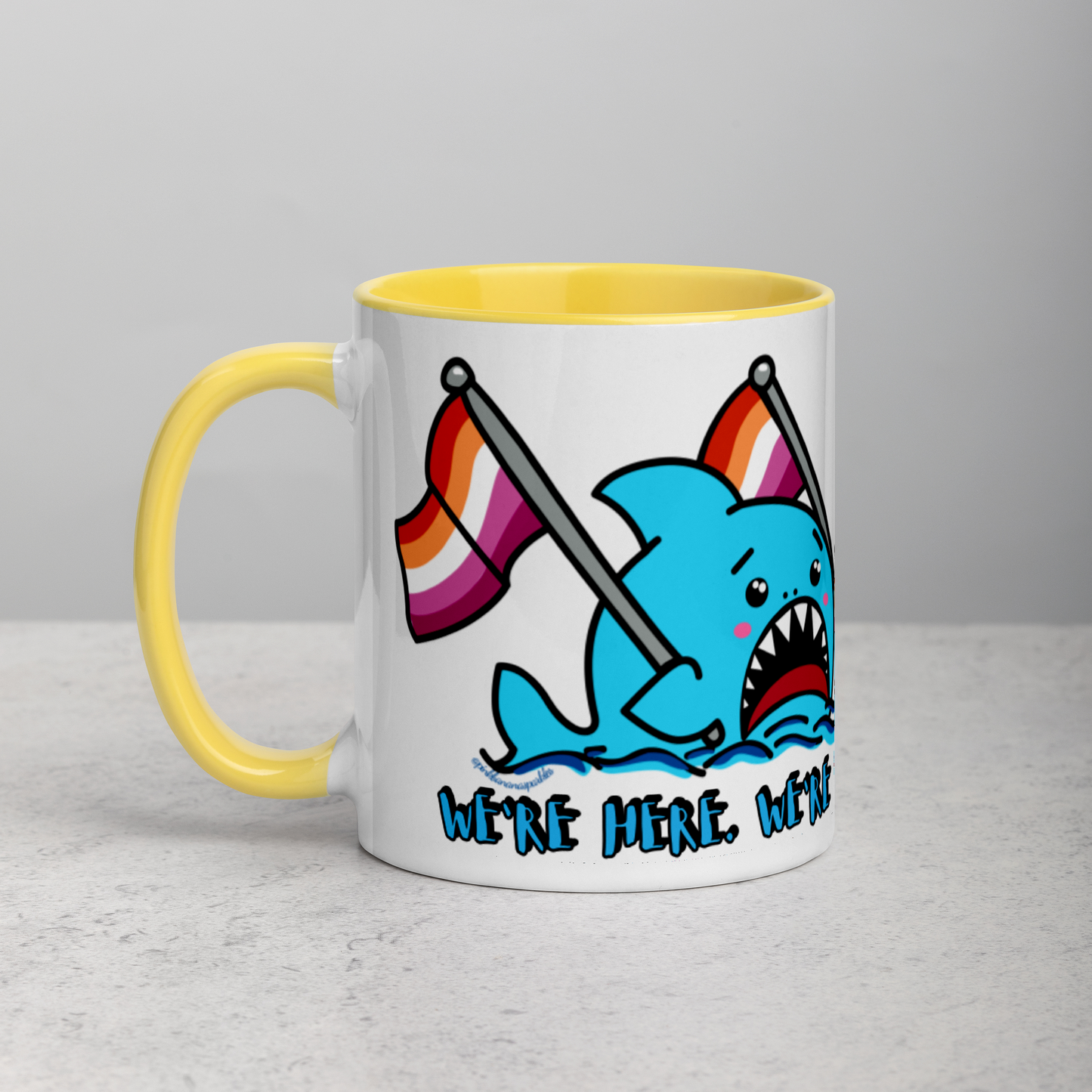 "We're Here..." Anxious Shark Mug with Lesbian Pride Flag (11oz)