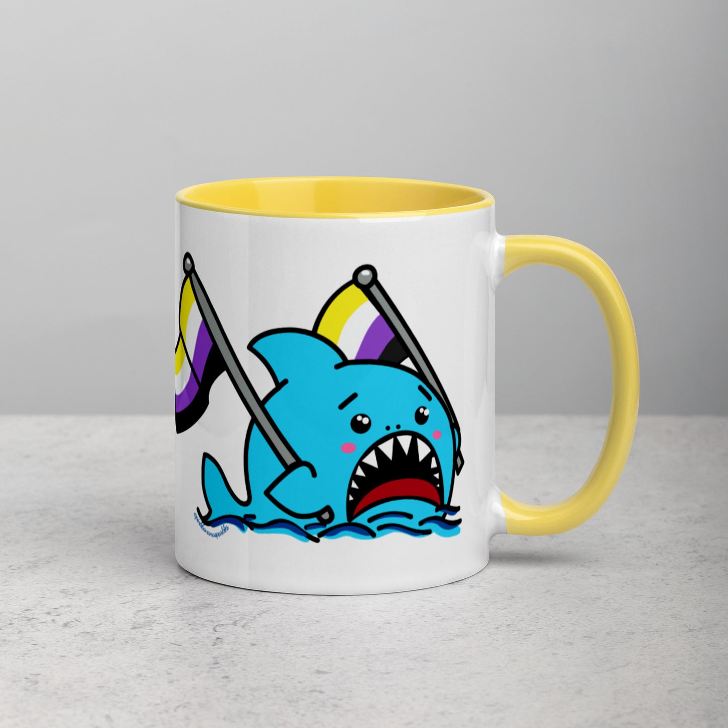 Anxious Shark Mug with Non-Binary Pride Flag (11oz)