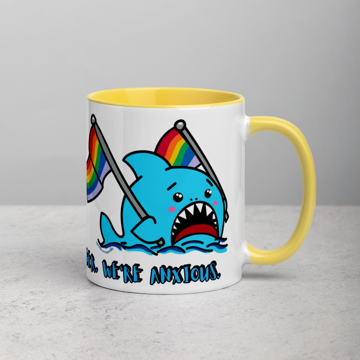 "We're Here.." -Anxious Shark, with Basic Rainbow Pride Flag Mug (11oz)