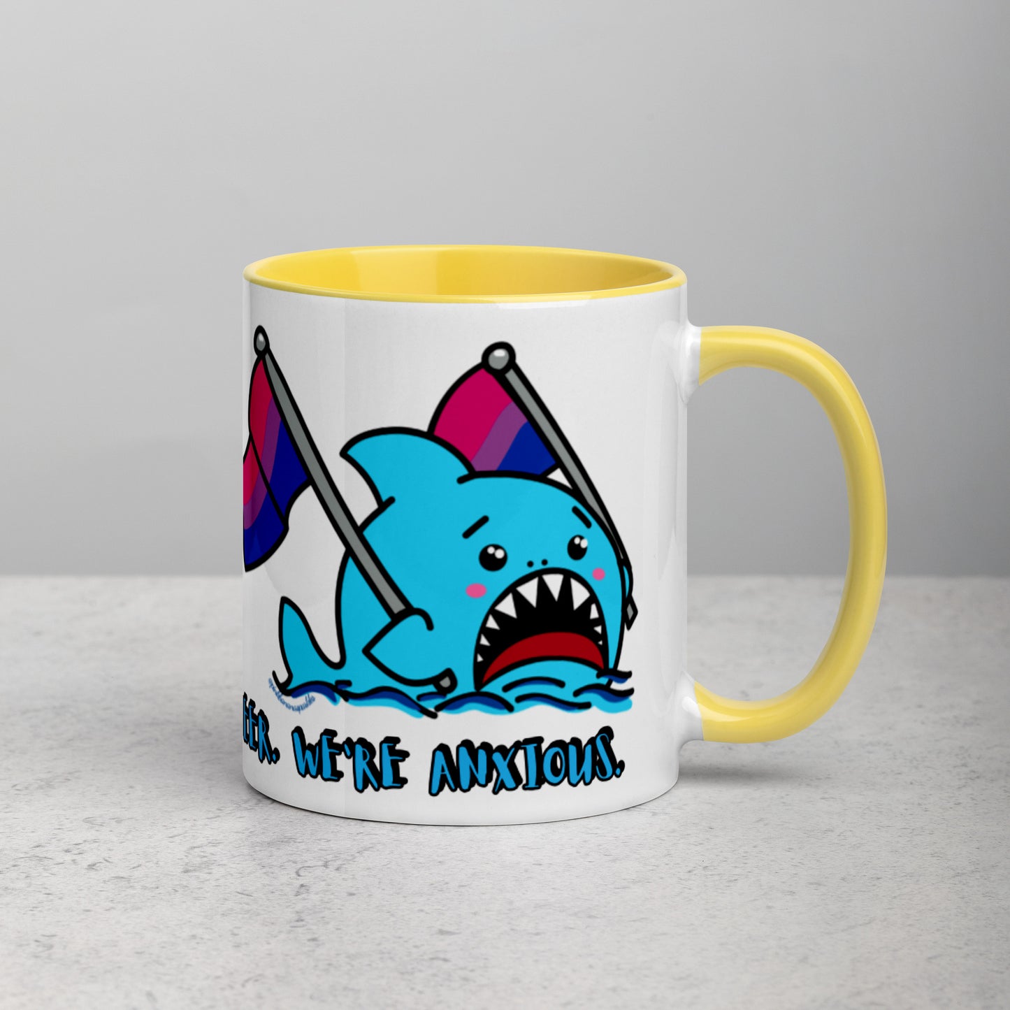 "We're Here..." Anxious Shark Mug with Bisexual Pride Flag (11oz)