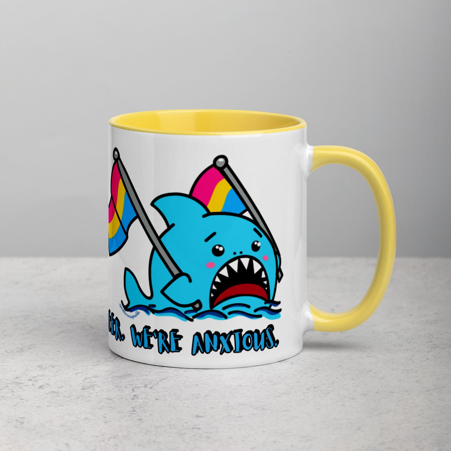 "We're Here..." Anxious Shark Mug with Pansexual Pride Flags (11oz)